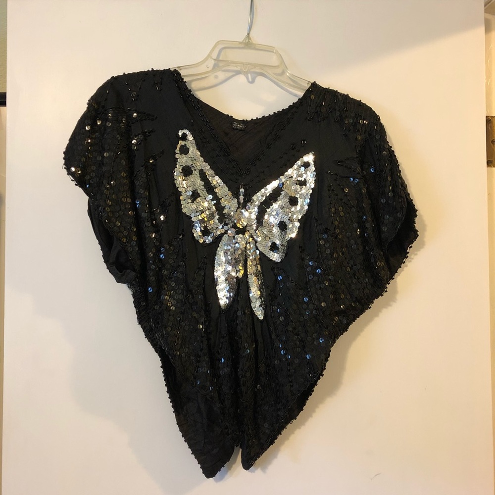 Vintage 100% Silk Beaded/Sequin Butterfly Shirt